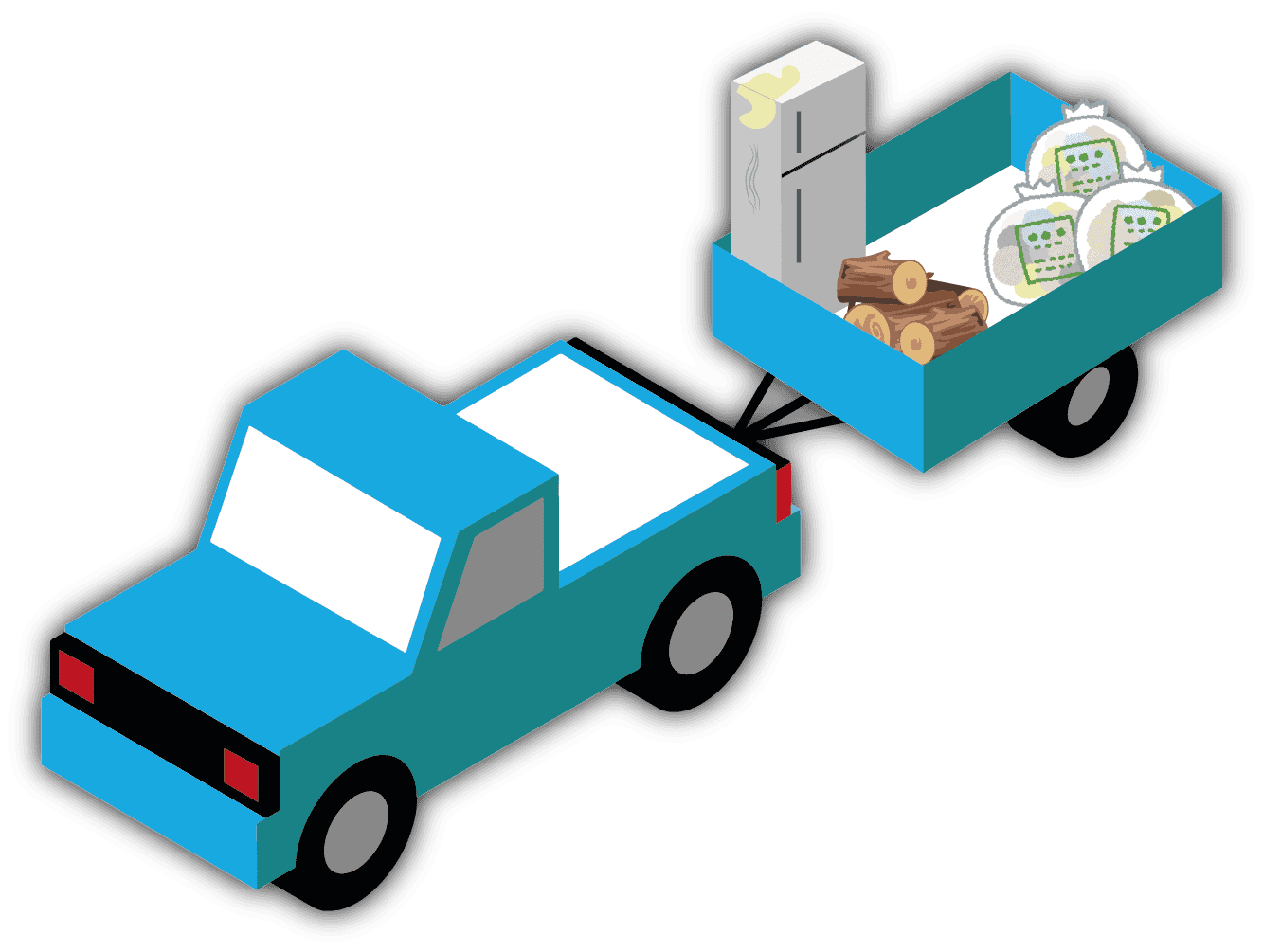 A blue truck with a trailer full of food.
